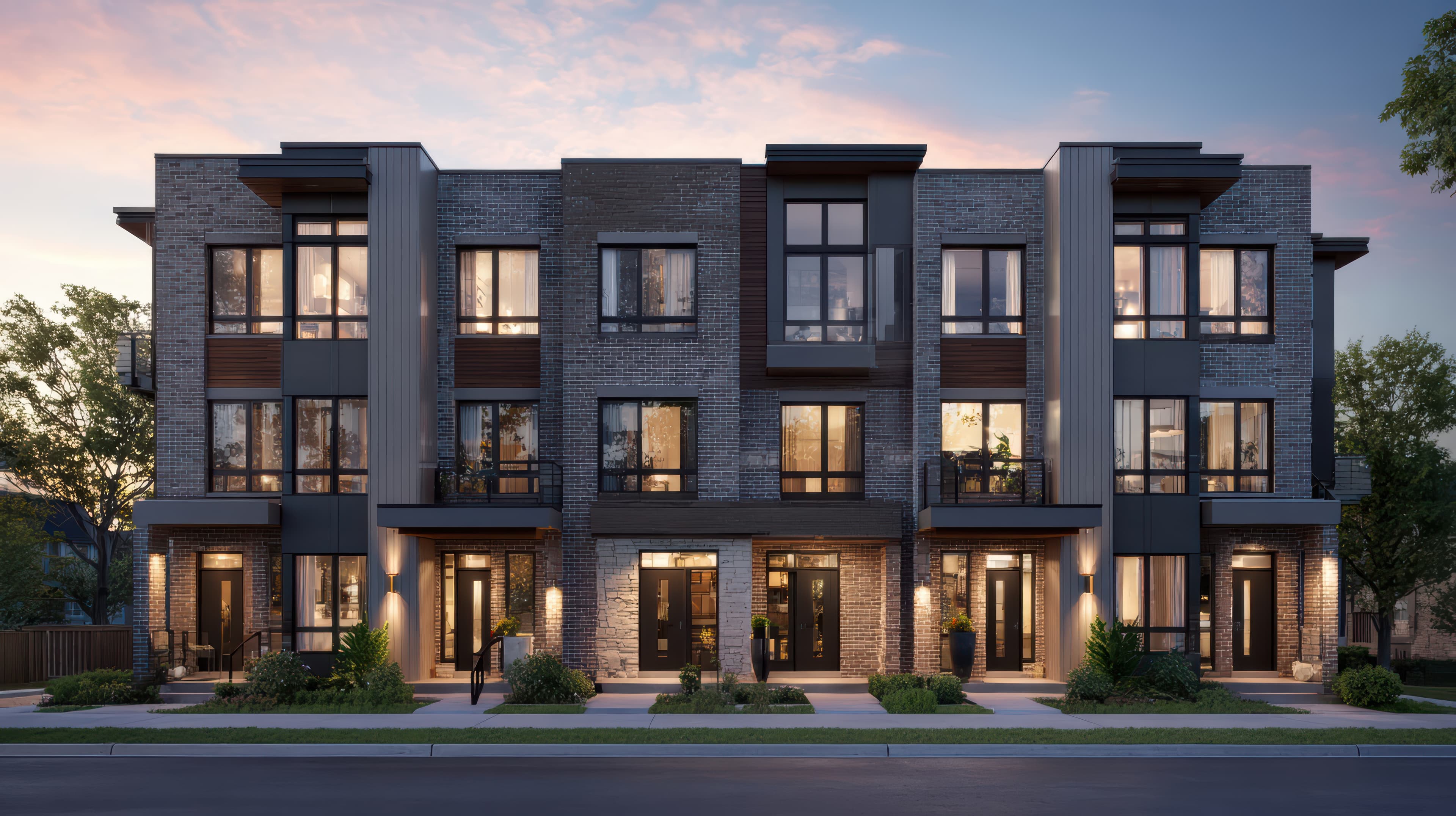 Modern single-family home with a two-car garage set on an open field